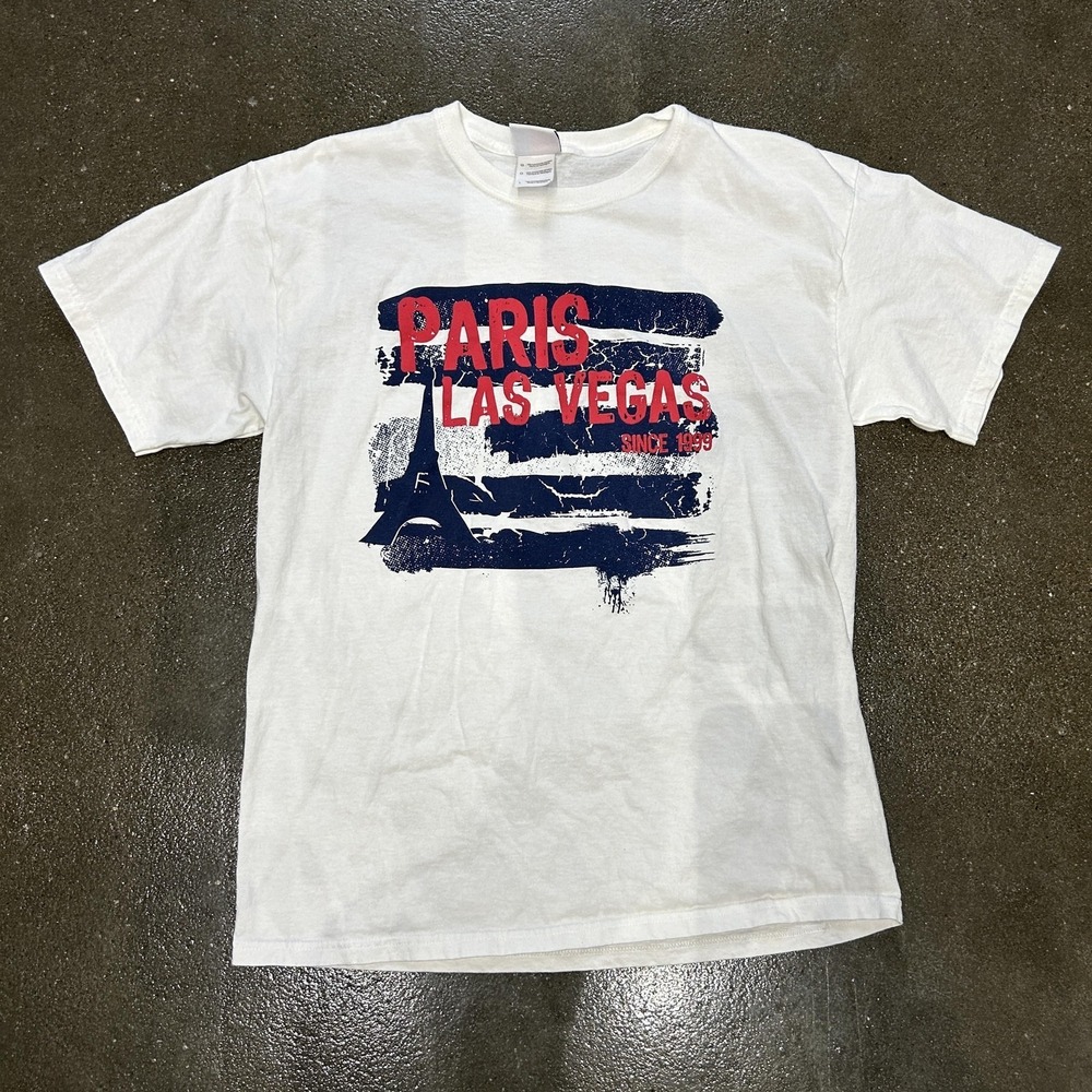 Paris Las Vegas Shirt Mens Large White Eiffel Tower Graphic Tee T-Shirt Souvenir